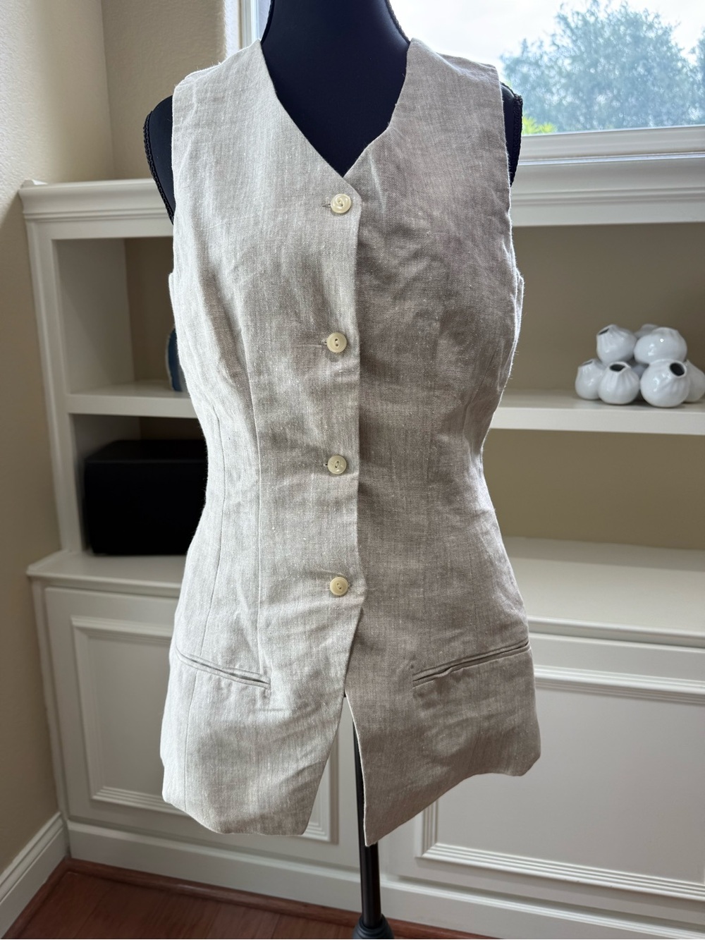 LINEN Sleeveless Top Designer S British Khaki  Natural Button Structured Lined